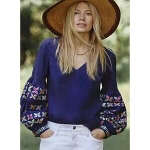 ANTHROPOLOGIE $98 Maeve Navy Embroidered Balloon Sleeve V-Neck Sonja Top Size 0